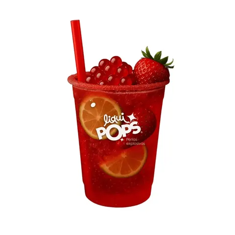 Vaso de bebida de fresa con borde escarchado, rodajas de limón y perlas explosivas rojas encima